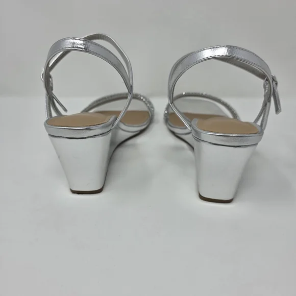 Womens Size 8.5 Silver Rhinestone Square Open Toe Strappy Wedge Sandals Elegant - Picture 5 of 10